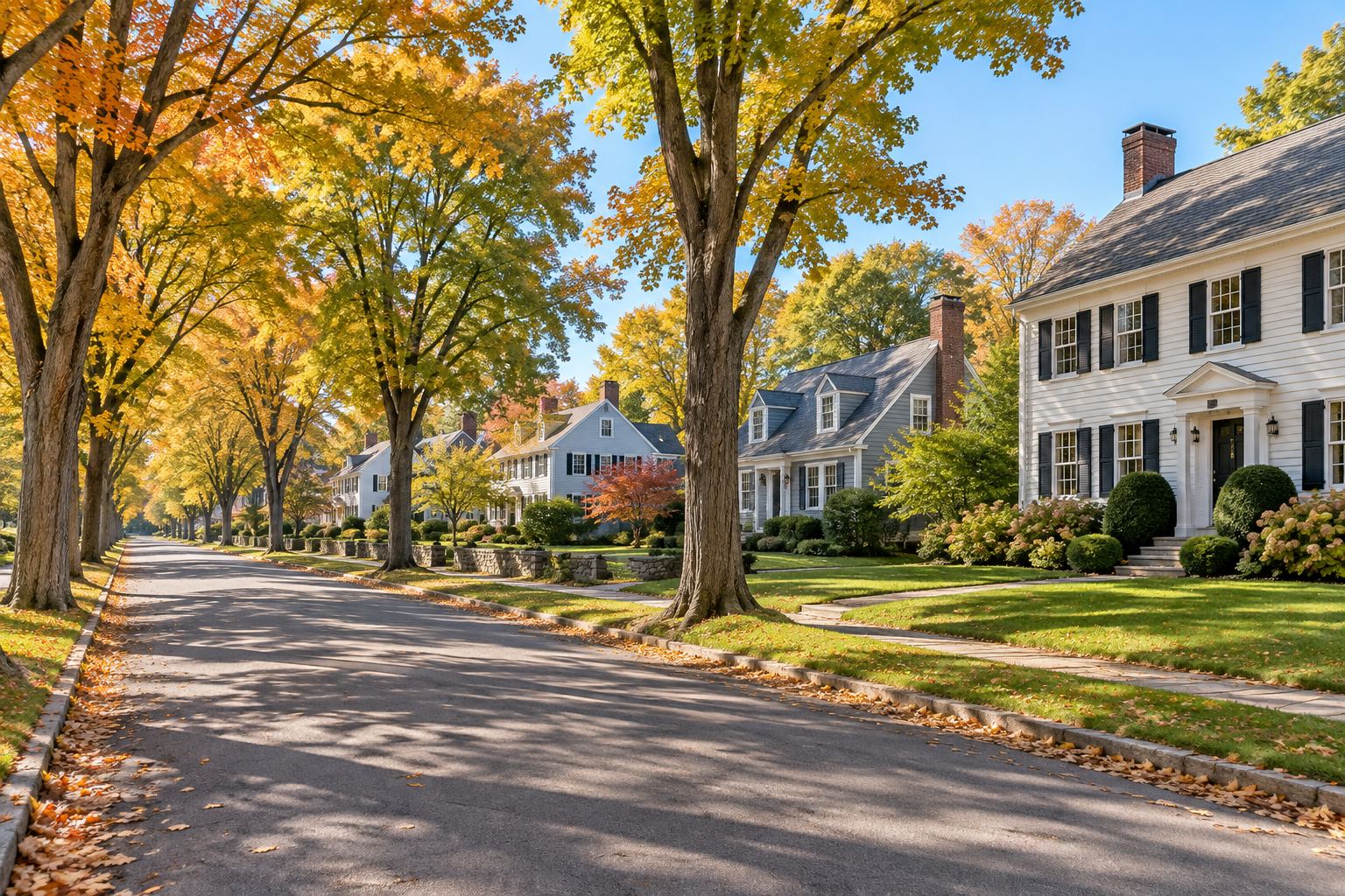 A Wolcott residential street at sunset, illustrative