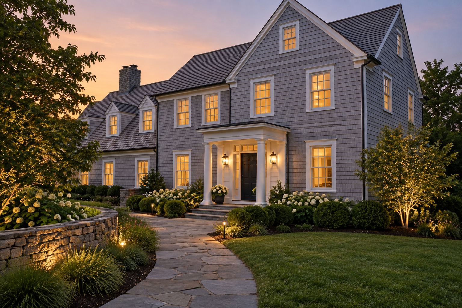 A Wolcott home at dusk, illustrative