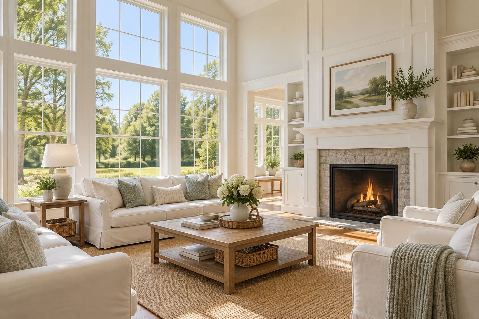 A bright Connecticut living room, illustrative